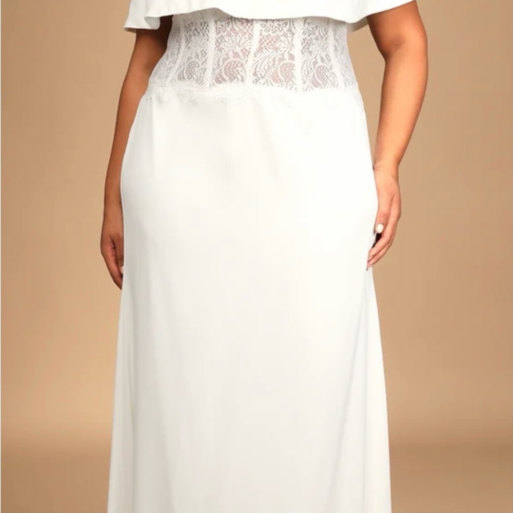 Lulus Heartfelt Vows white of the shoulder lace maxi wedding dress